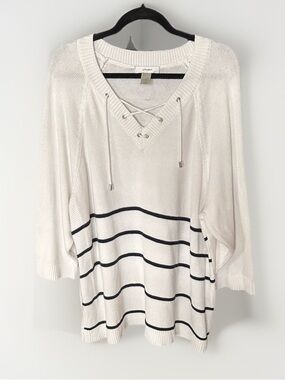CJ Banks Womens 3X White Navy Striped Lace Up V-Neck Cotton Knit Sweater‎ Top
